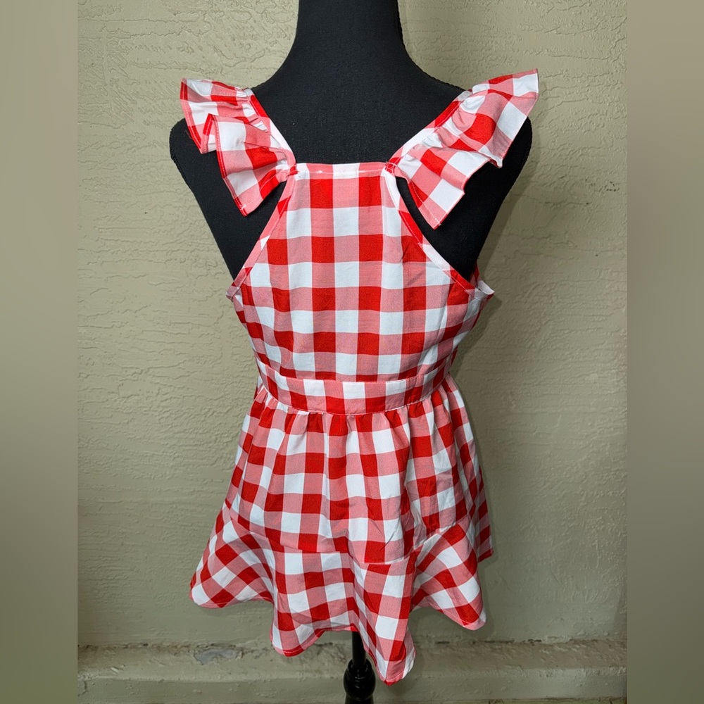 BiBi Red Gingham Ruffle Peplum Top M Cottagecore Picnic Coquette Blouse - Picture 8 of 9